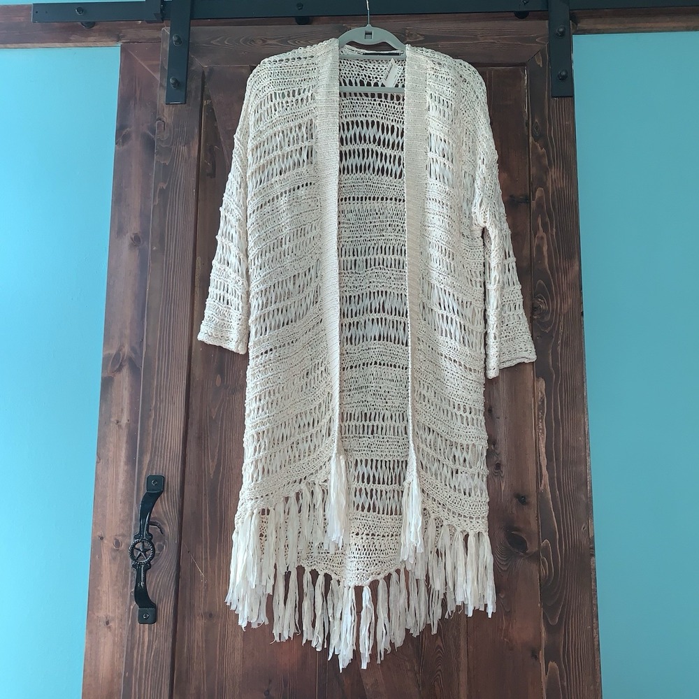 NWT  J. Roberts Maxi Coat Macrame Inspired Open Fringed LS Beige S Boho Fun